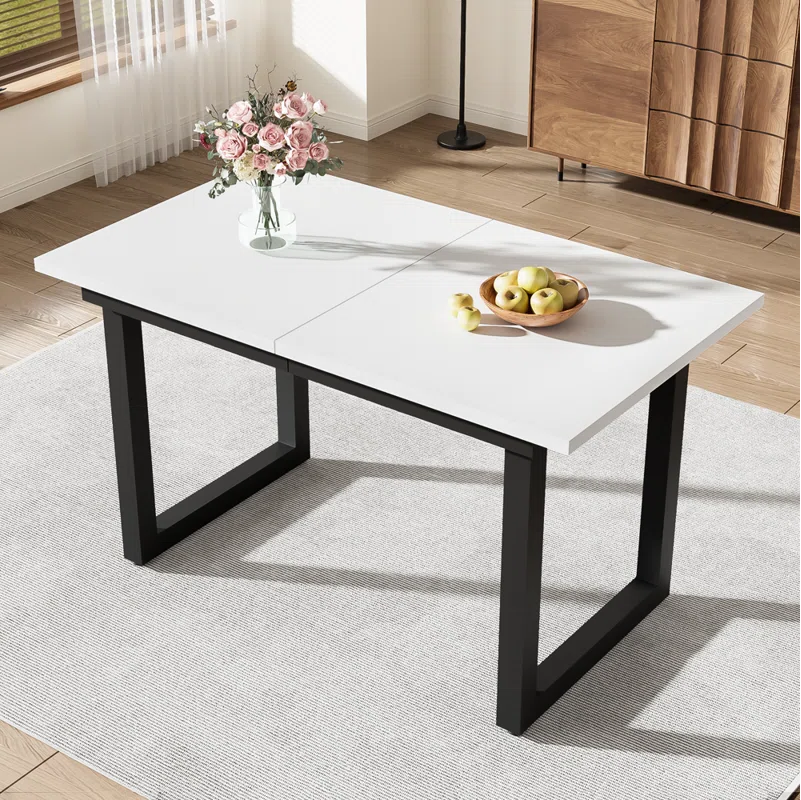Expandable Industrial Style Dining Table with Concrete-Look Top and Black Metal Base