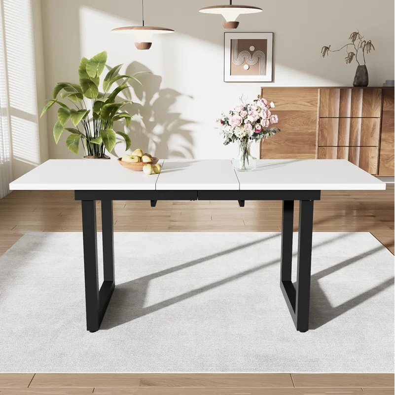 Expandable Industrial Style Dining Table with Concrete-Look Top and Black Metal Base