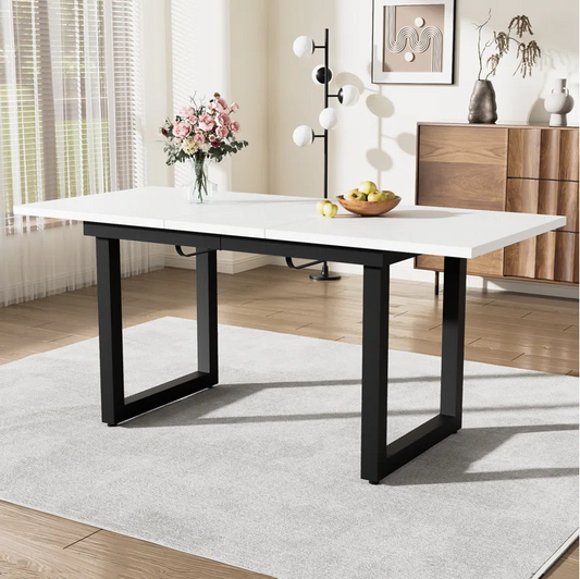 Expandable Industrial Style Dining Table with Concrete-Look Top and Black Metal Base