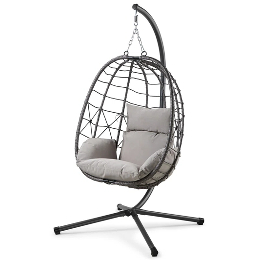 Grey Hanging Egg Chair with Cushions & Stand – Foldable Rattan Style for Indoor or Outdoor Use